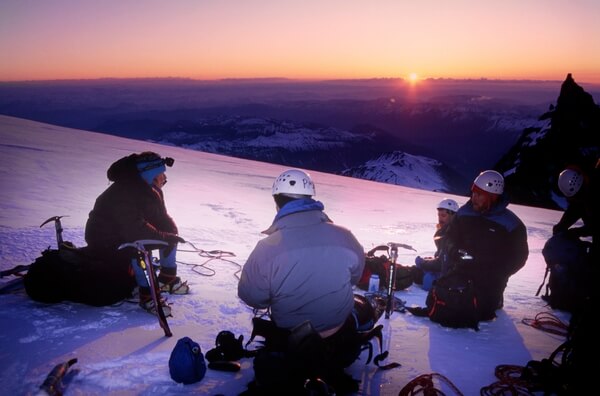 Sunrise rest stop on Mount Rainer climb