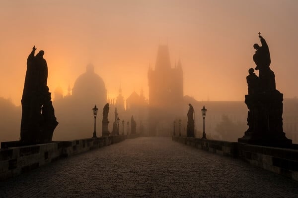Empty Charles Bridge in the autumn early morning.