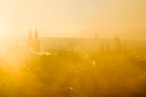 View of Prague through the dense fog from the Hanavsky Pavilon view
