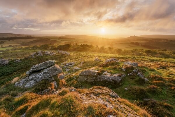 Looking east on a late summer sunrise towards Hound Tor.