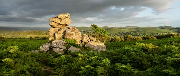 The view of the rock outcrop looking south to Haytor and Hound Tor on a summer sunset.