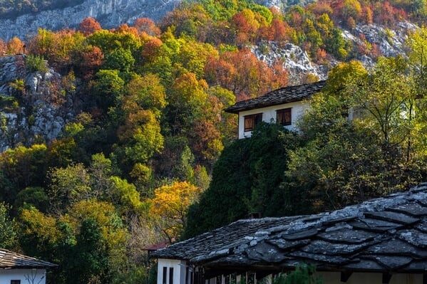 Autumn colours at Cherepish monastery. Use of backlight on the interesting houses
