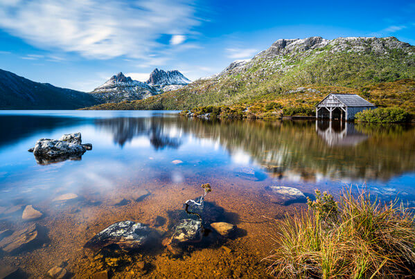 Classic shot of Cradle Mountain and boatshed, a Tasmanian icon.
