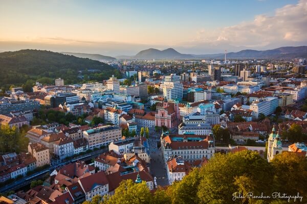 Late afternoon views across the city from Ljubljana Castle Hill