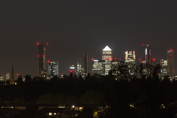Night shot of Canary Wharf while waiting for comet NEOWISE