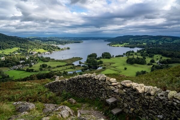 View over Windermere from Loughrigg Brow. The wooden stile has been replaced with stone steps.