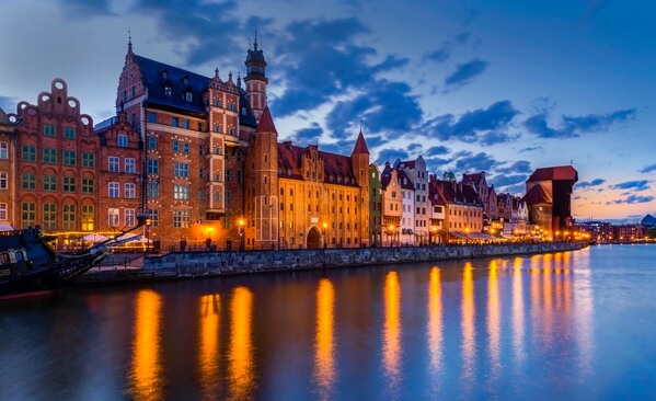 Blue hour view of the waterfront in Gdansk.