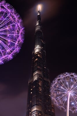 Burj Khalifa view between fibre optic structures from the Burj park
