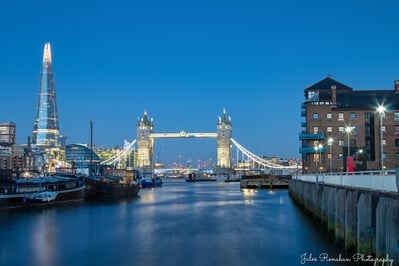 photography spots in London - View of The Shard & Tower Bridge from HMS President docks