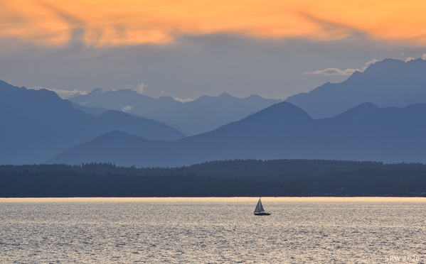 Dusk over the Olympic Mountains.