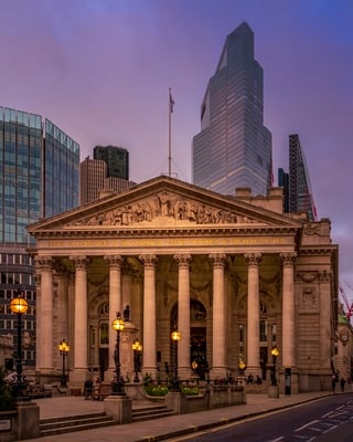 The west facade of Royal Exchange seen from Cornhill at sunset