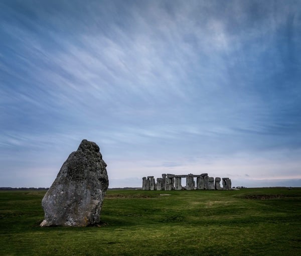 A landscape shot of Stonehenge incorporating the heel stone in the composition