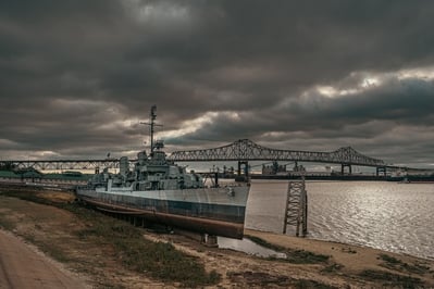 USS Kidd from the Mississippi shoreline