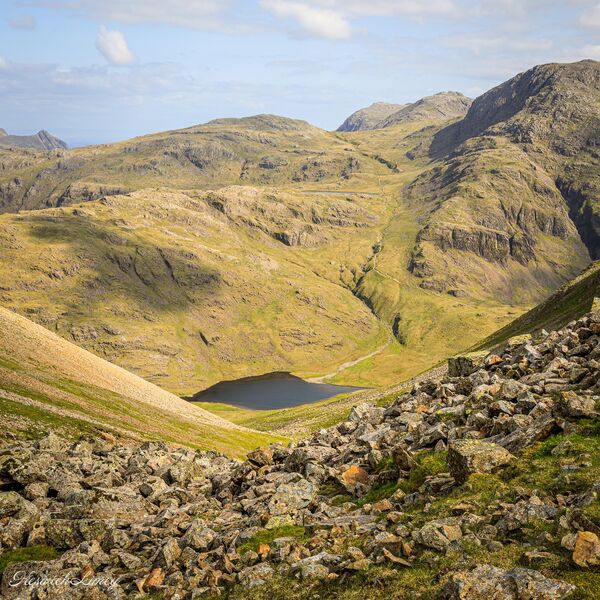 A view of Styhead Tarn and Great End from Windy Gap.