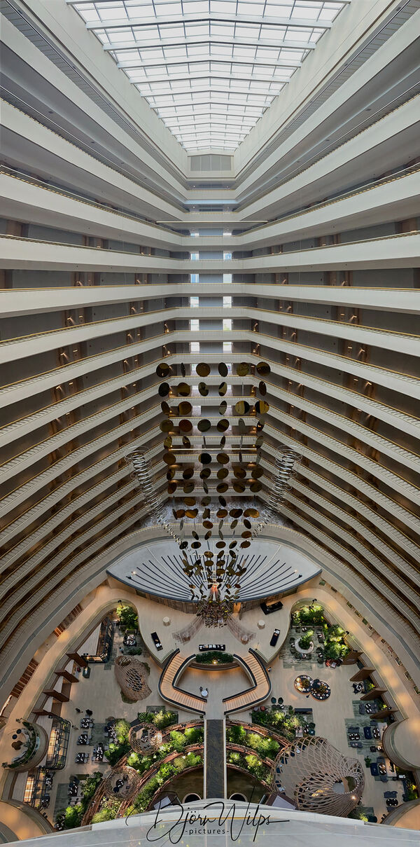 pano-view of this amazing architecture covering the galley and all floors of this hotel. Getting all lines aligned is quite challenging. 