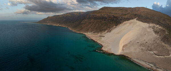Delisha Beach, Socotra Island, aerial view of the sand dune towards Dihamri marine reserve