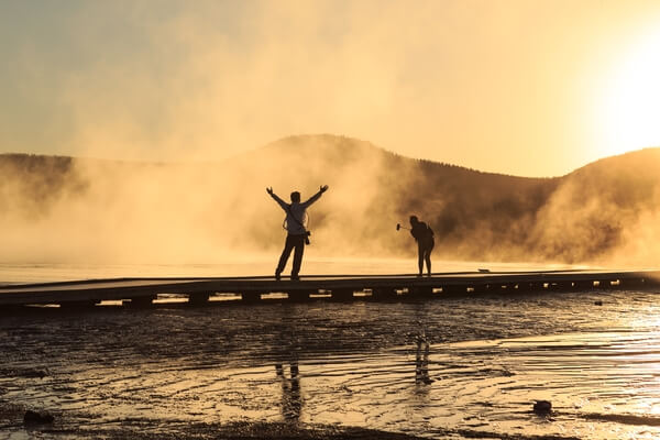 Tourists, Grand Prismatic Spring at sunset