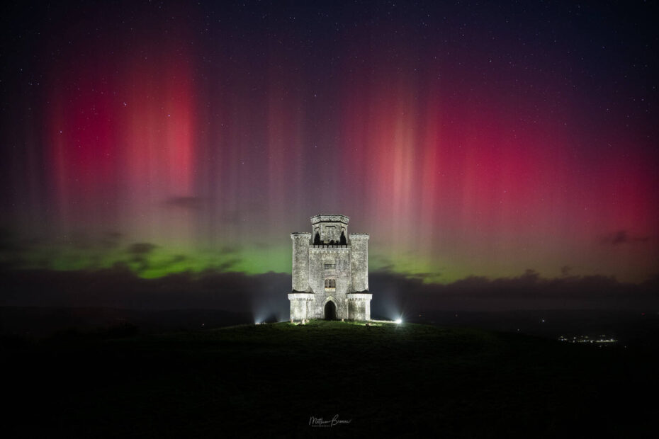 Aurora Borealis captured over Paxton's Tower, Wales
