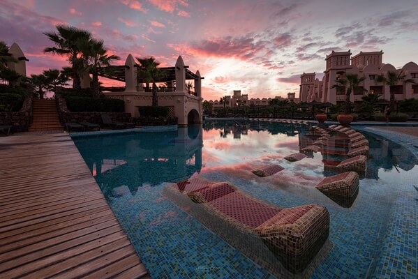 Pool area during sunset