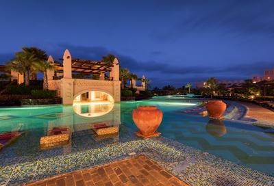 Pool area during evening blue hour