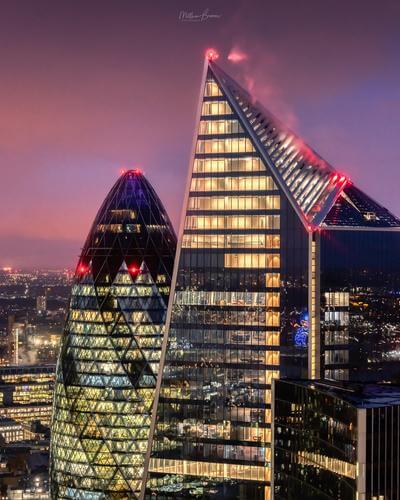 A view facing north of the Gherkin and Scalpel towers