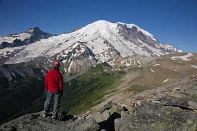 Hiker overlooking Glacier Basin from the Second Burrough