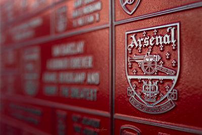Supporters' plaques captured with a shallow depth of field.