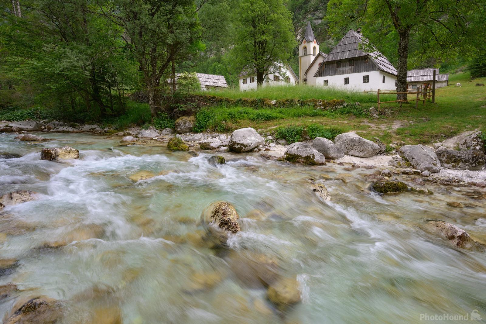 Image of Soča River and Church in Trenta Valley by Luka Esenko