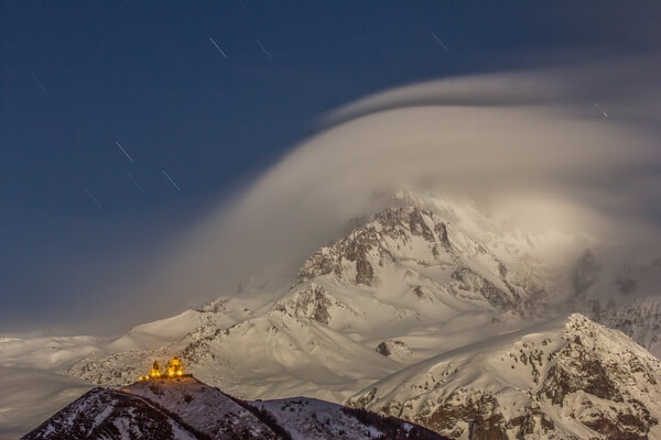 Mount Kazbeg at night. 