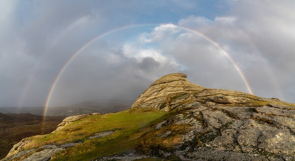 A double rainbow from Lowman's Rock looking north early morning in Winter.