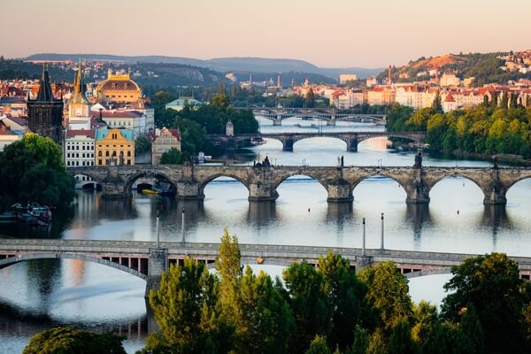 Prague bridges and towers from the view by Hanavský pavilon