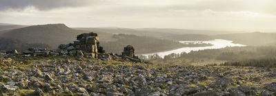 Leather Tor panoramic overlooking Burrator on a winter sunset.