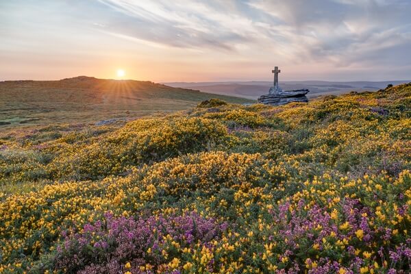 Cave Penny Cross on a summer sunset with the gorse and heather in flower.