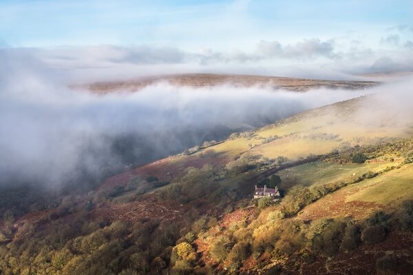 A late autumn inversion in the Dart valley including Rowbrook House looking south west.
