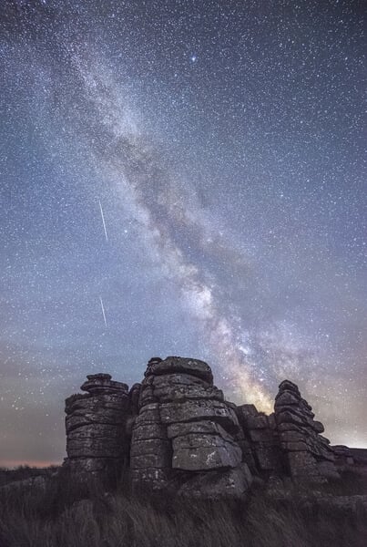 The main stack of Wild Tor in summer with the milky Way Core and Perseid Meteors.