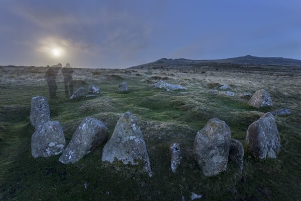 Nine Maidens at moon rise in the summer looking east.