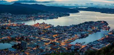Three image panorama of central Bergen and the waterfront.