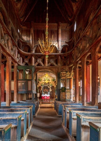 Two-shot vertical panorama of the inside of the church