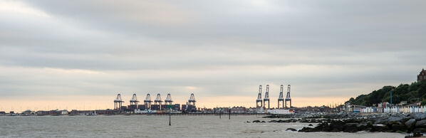 Cranes of Felixstowe docks taken from the location of the sea defences.