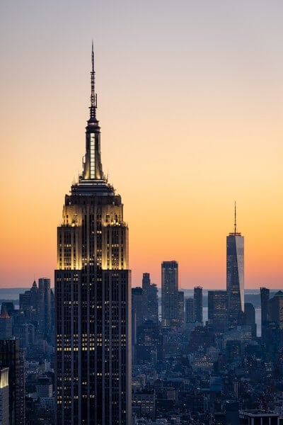 The two towers of NYC - Empire State Building and One WTC as seen from the Top of The Rock after sunset.