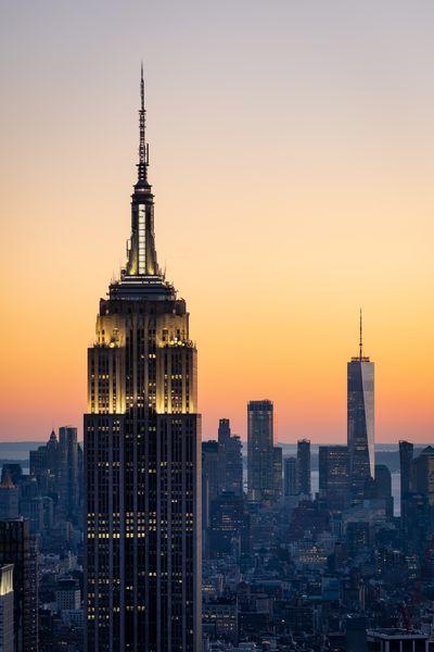 The two towers of NYC - Empire State Building and One WTC as seen from the Top of The Rock after sunset.