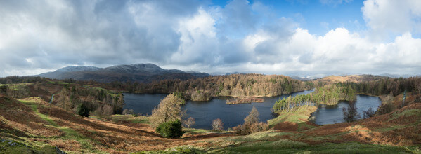 Panoramic view of Tarn Hows from a southern hill