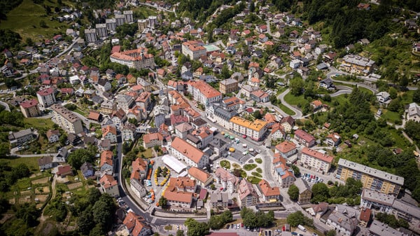 Idrija town center from above. 
(CAA approved flight)