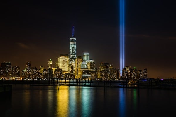 Lower Manhattan skyscrapers from Jersey, captured with the Tribute in Light