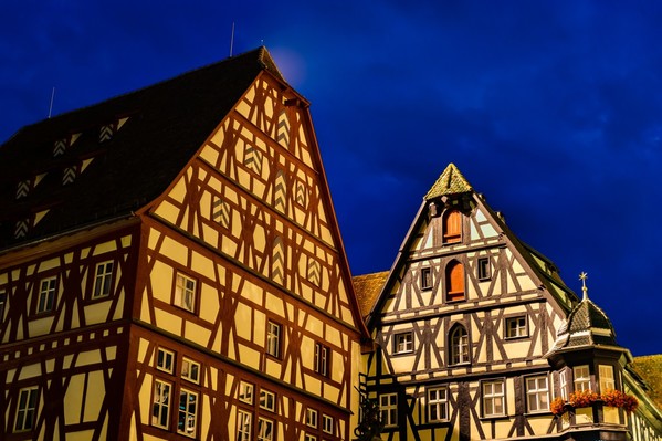 Detail of the typical half-timbered houses in Rothenburg ob der Tauber