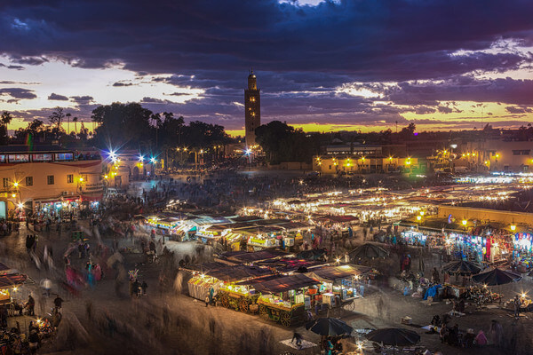 View of Jemaa el-Fna Square at blue hour from Grand Balcon Cafe Glacier.