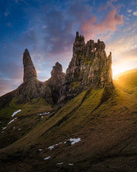 The sunset view of the Old Man pinnacle on the Isle of Skye. This photo was captured from under the pinnacle located about 45 minutes walk from the carpark.