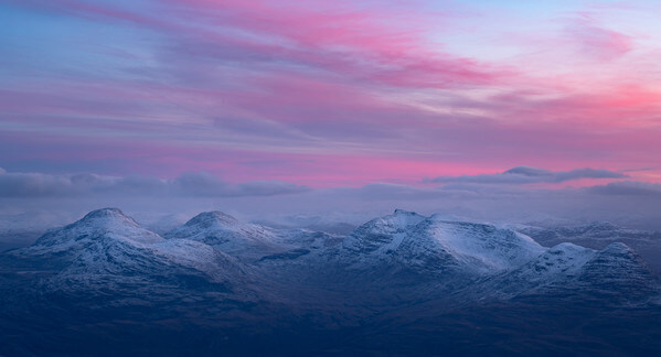 The mountains south of Torridon from the summit plateau at sunset
