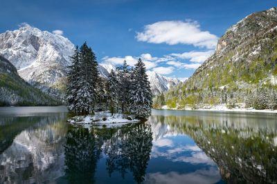 Lago del Predil after early spring snowstorm