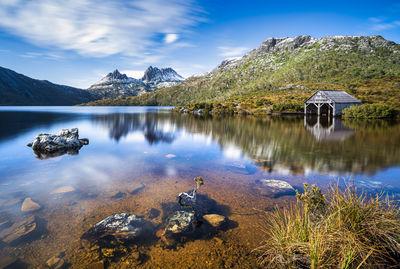 Classic shot of Cradle Mountain and boatshed, a Tasmanian icon.